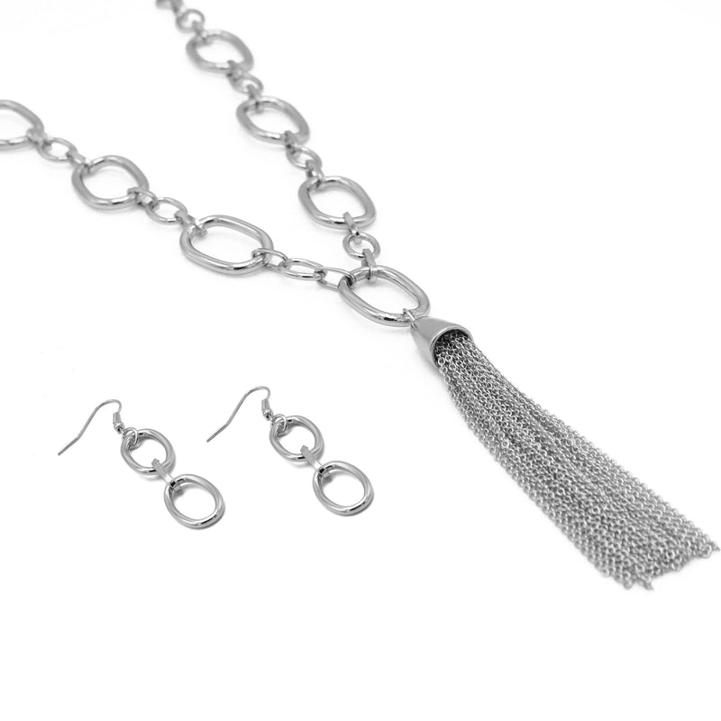 SILVER RECTANGLE LINK CHAIN TASSEL NECKLACE AND EARRING SET