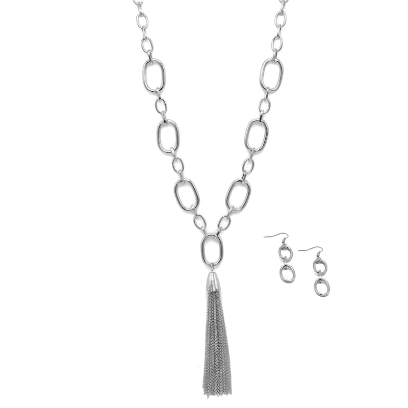 SILVER RECTANGLE LINK CHAIN TASSEL NECKLACE AND EARRING SET