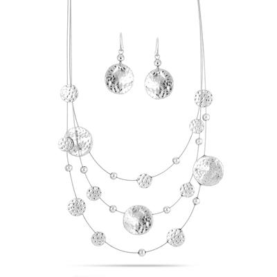 Silver Tone 3 row wire with round disc necklace and earrings set