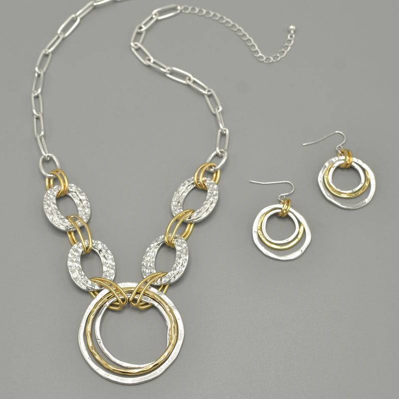 Two-Tone Gold And Silver Hammered Linked chain Necklace and Earrings Set