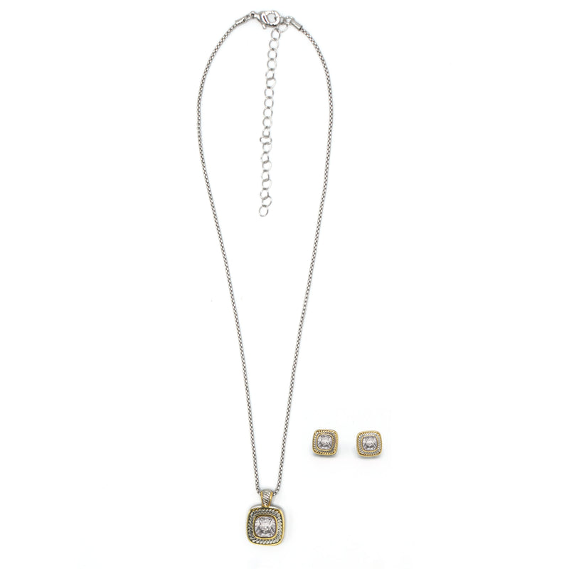 TAZZA Two-Tone Clear Crystal Square Cable Pendant Necklace And Earrings Set for Women