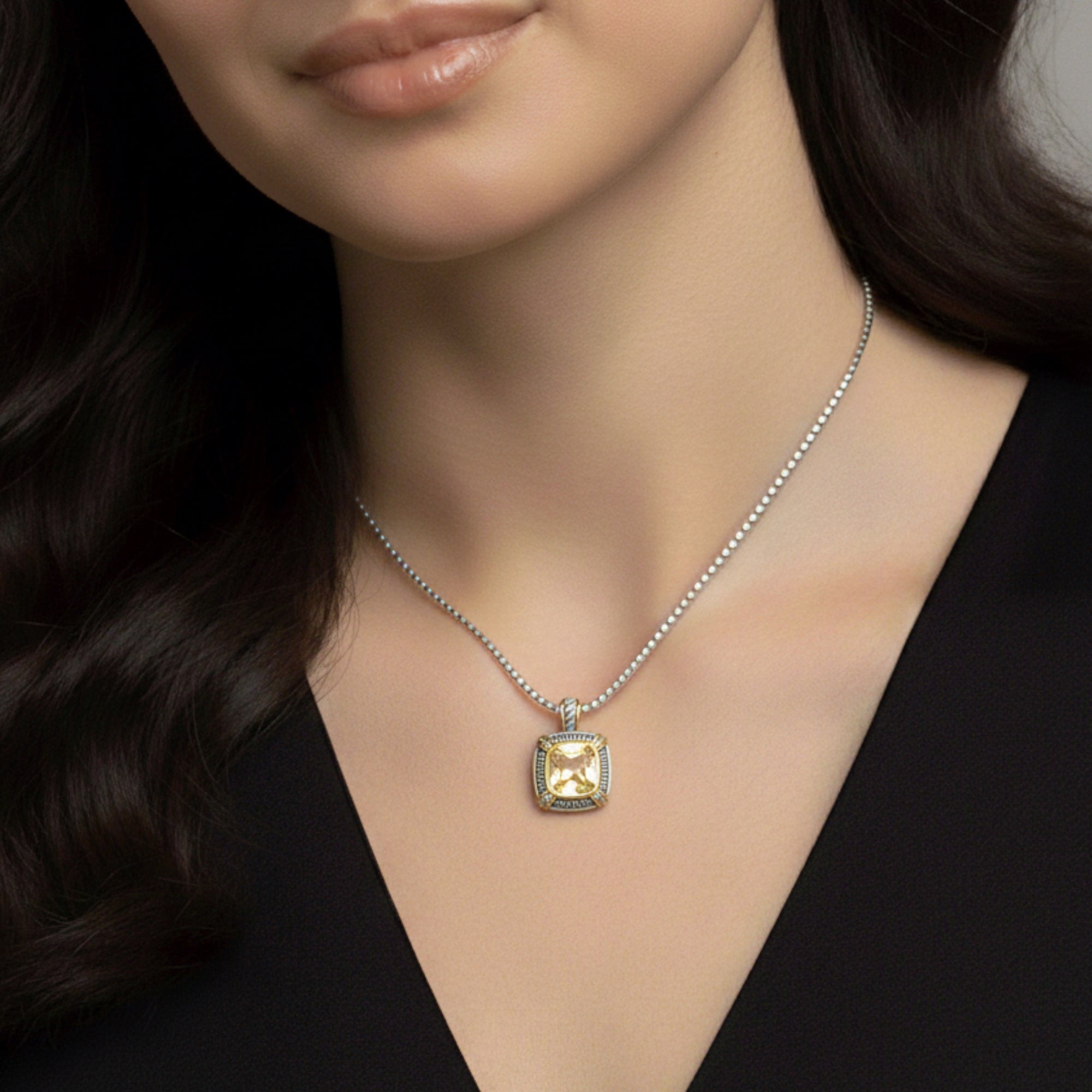 TWO TONE CHAMPAGNE CRYSTAL SQUARE PENDANT BOX CHAIN NECKLACE# 93012EH-