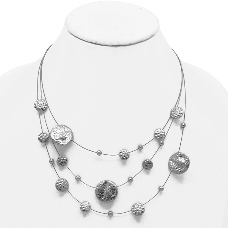 Silver Tone 3 row wire with round disc necklace and earrings set
