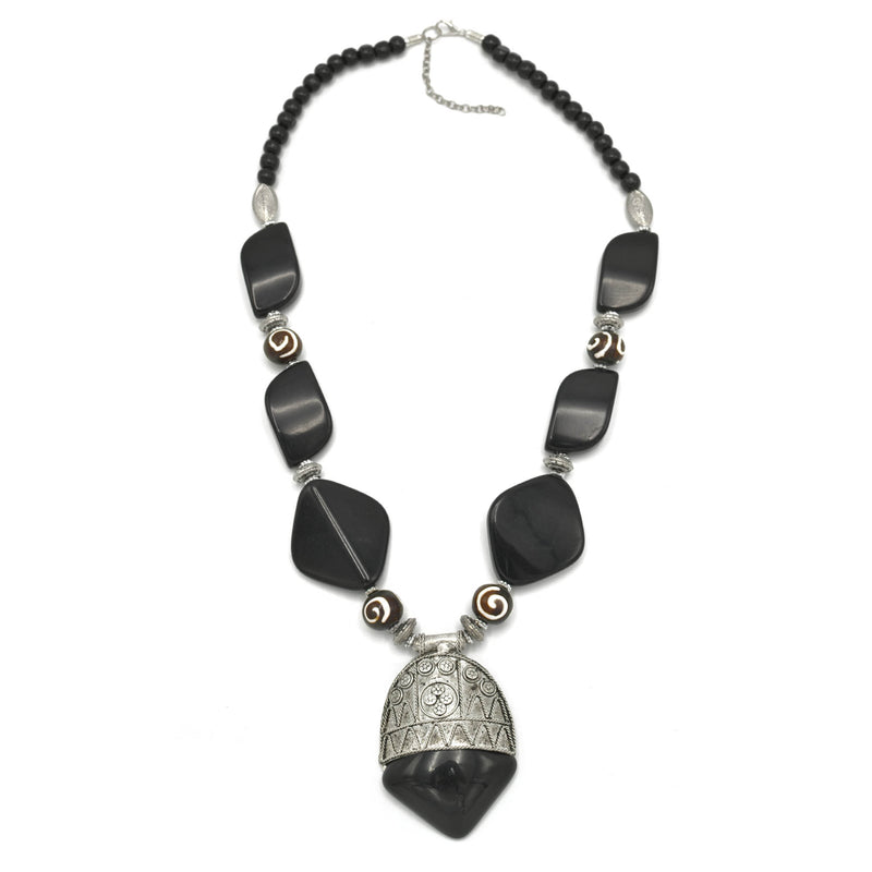 black and wood resin beads silver pendant necklace