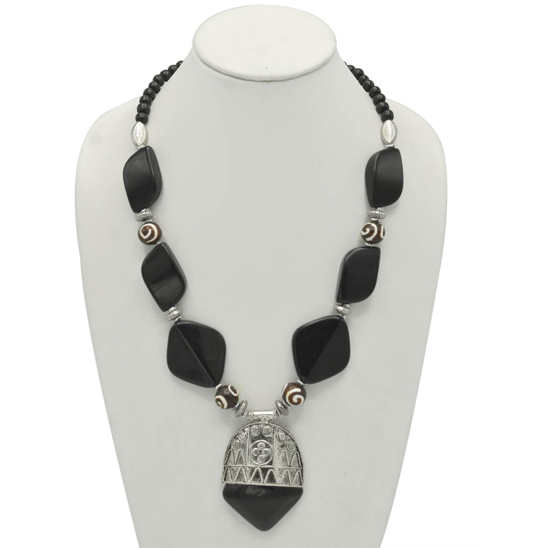 black and wood resin beads silver pendant necklace