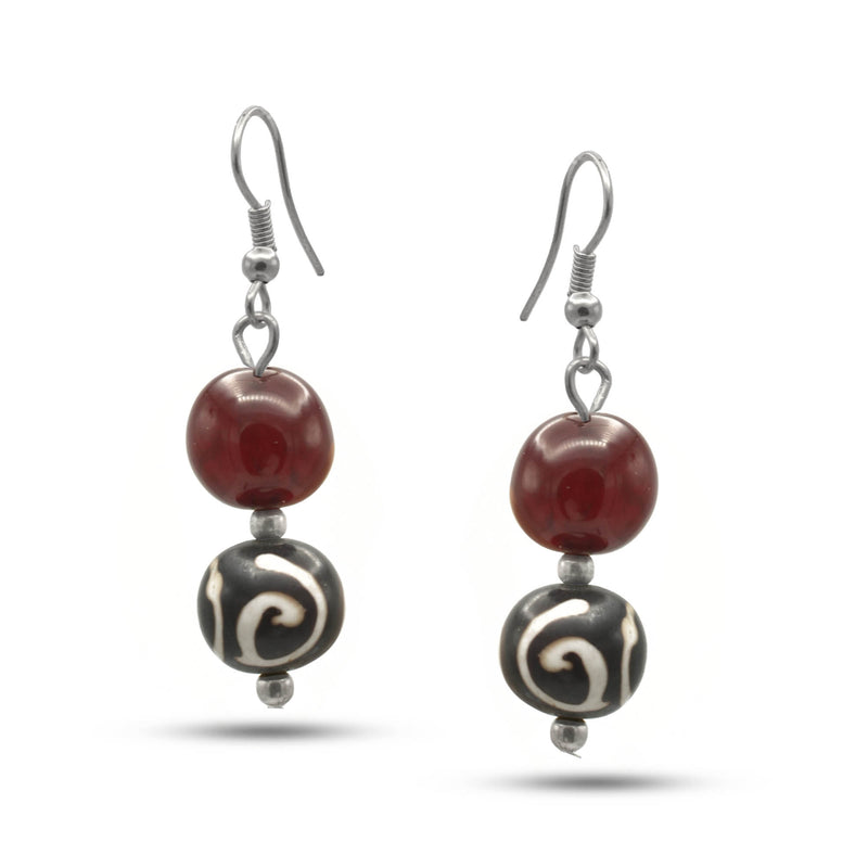 SILVER WINE AND BROWN COLOR RESIN BEADS EARRINGS