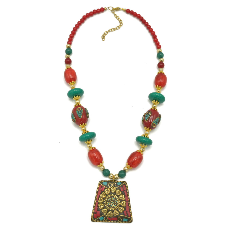 Coral and turquoise resin beads with gold pendant necklace
