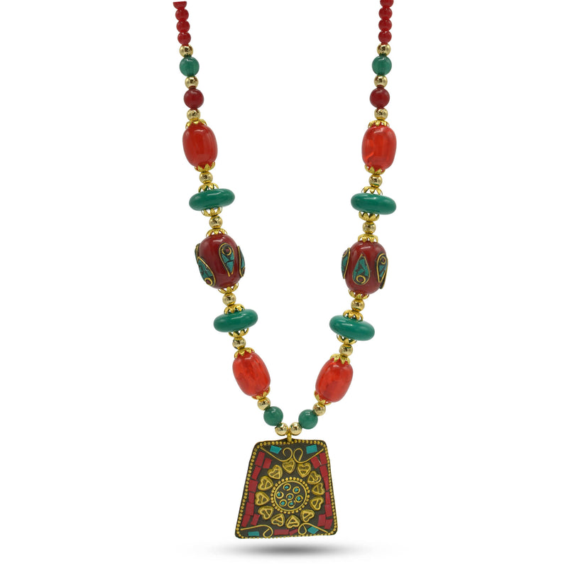 Coral and turquoise resin beads with gold pendant necklace