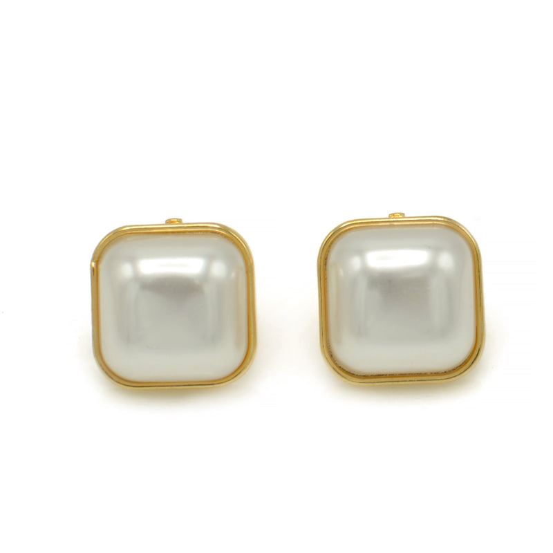 Gold Cream Square Pearl Clip on Earrings