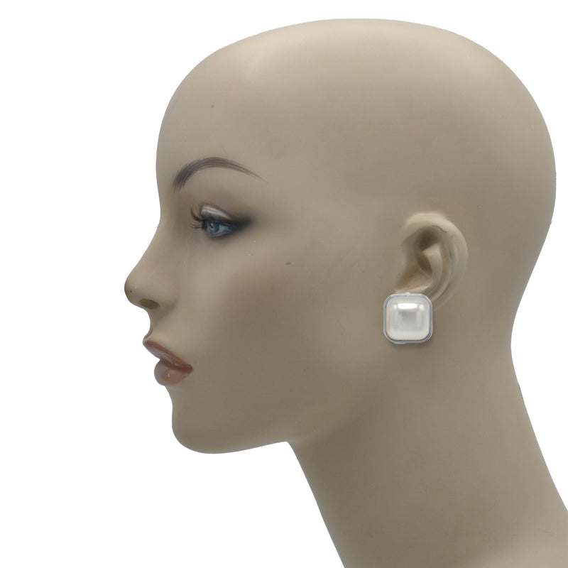 Rhodium Cream Square Pearl Clip on Earrings