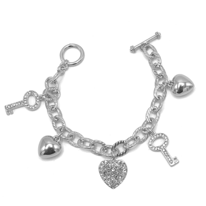 Rhodium Crystal Heart and Key charm Bracelet