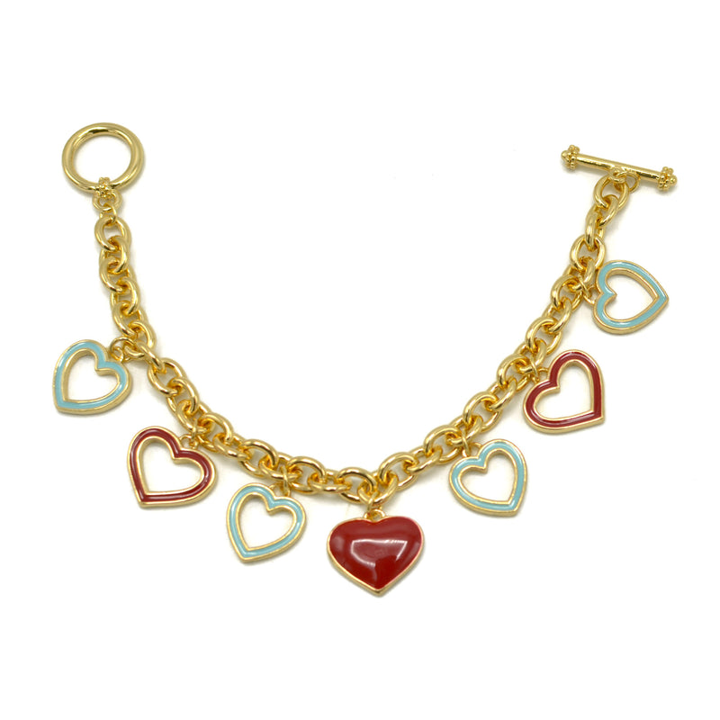 Gold with Coral and Turquoise Heart Charms Bracelet