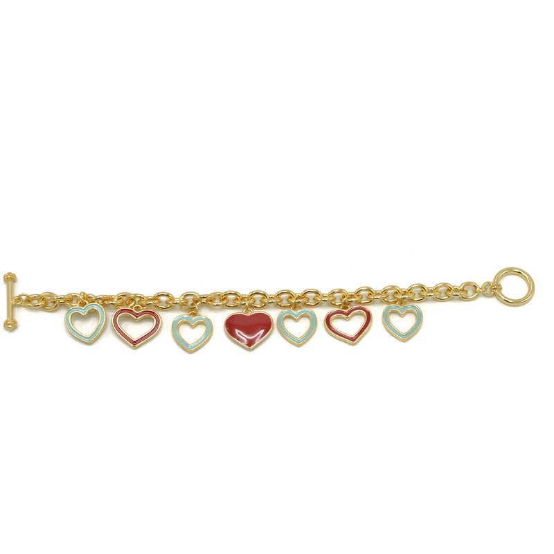 Gold with Coral and Turquoise Heart Charms Bracelet