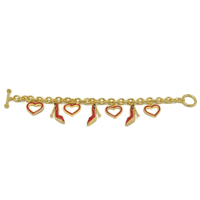Gold with Red Shoe and Heart Charms Bracelet