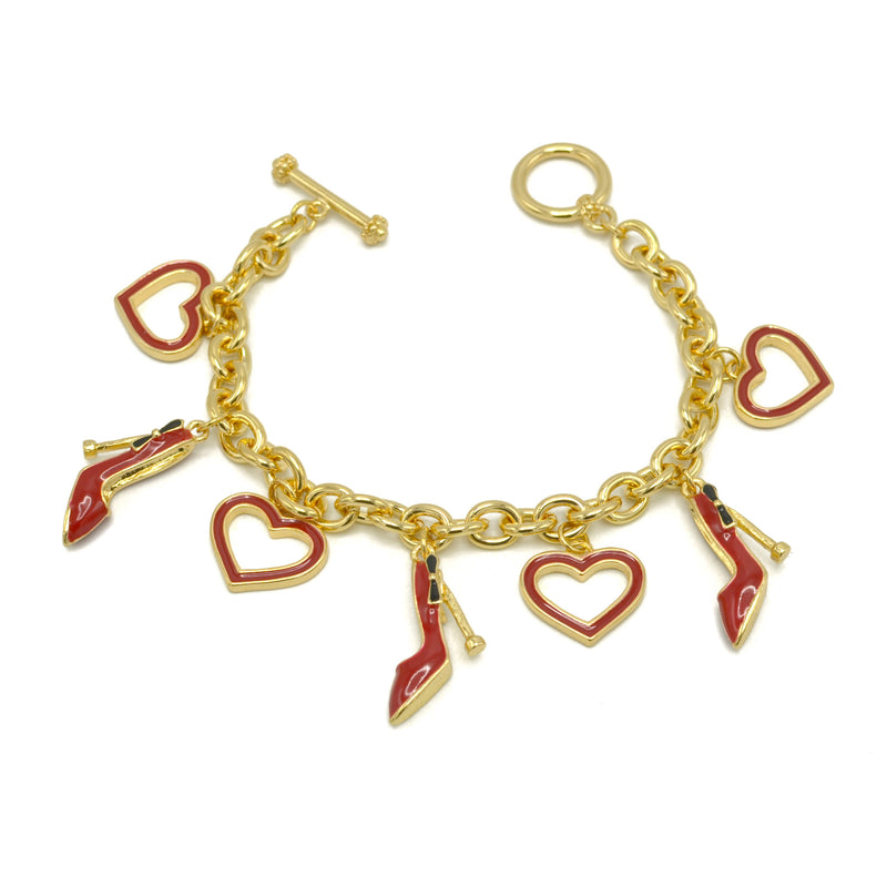 Gold with Red Shoe and Heart Charms Bracelet
