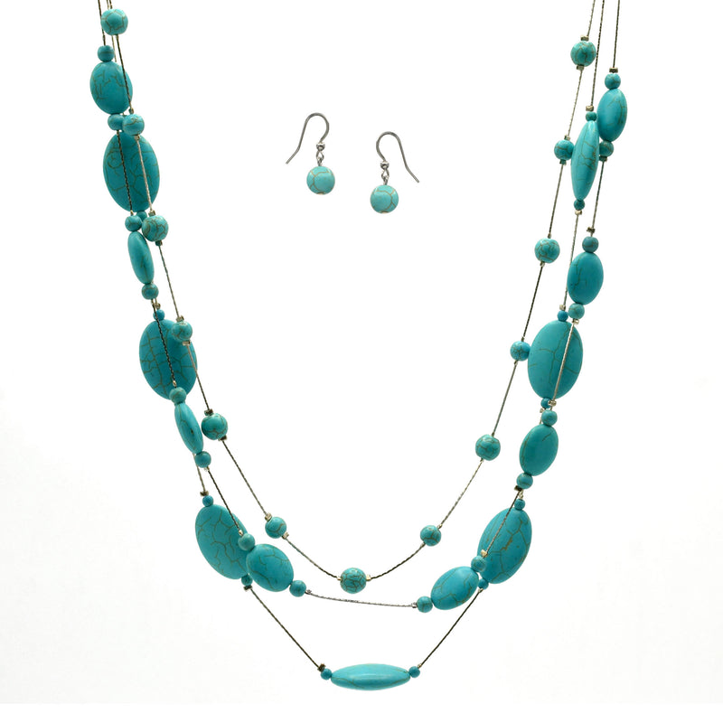 Rhodium and Oval turquoise beads layer necklace and Earrings Set
