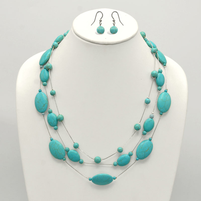 Rhodium and Oval turquoise beads layer necklace and Earrings Set