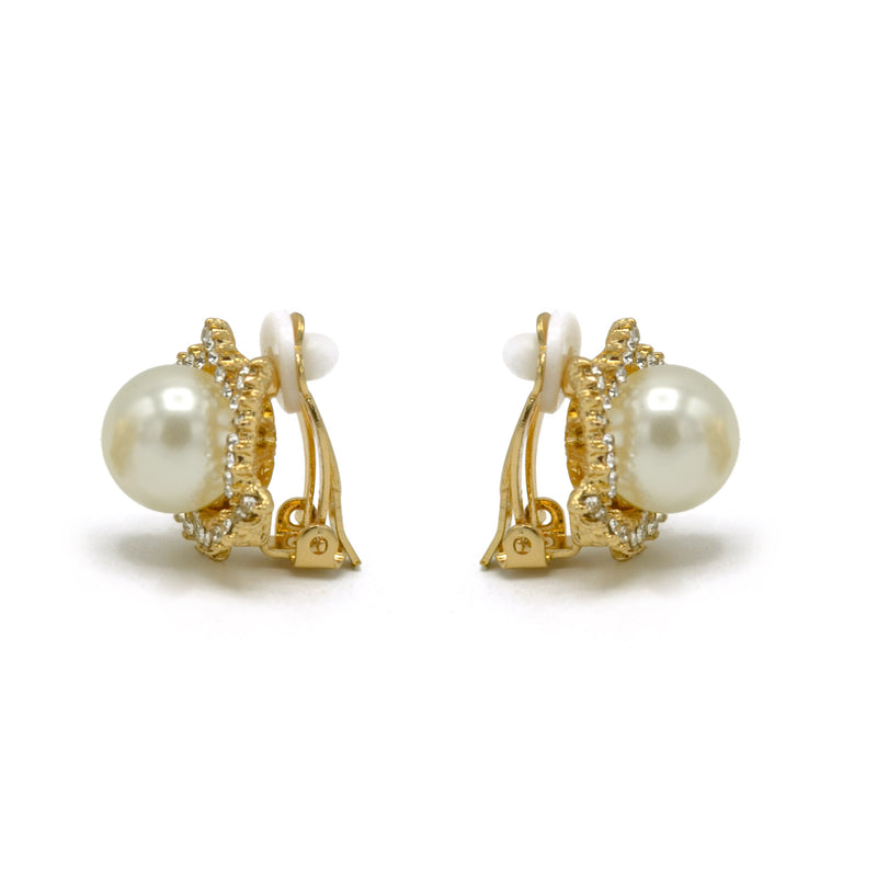 Gold and rhinestone crystal cream Pearl clip on earrings