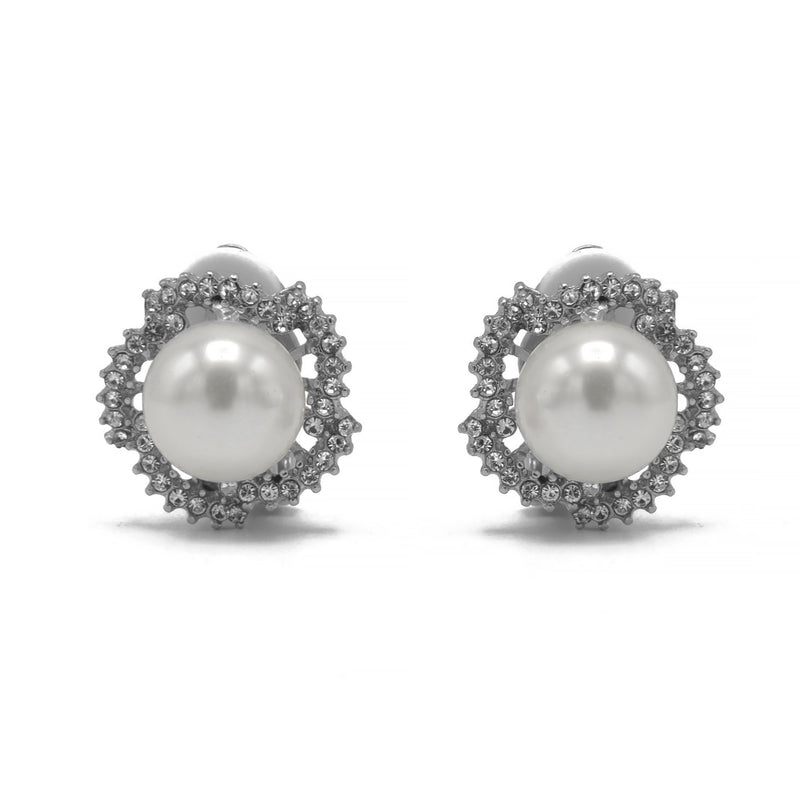 Rhodium and rhinestone crystal cream Pearl clip on earrings