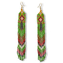 Green, Red,Gold,Black and White Bohemian Seed Bead Long Tassel Earrings