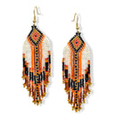 Bohemian Seed Bead Tassel Earring – 4" Brown with Orange, Gold, Black & White Accents