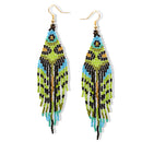 Bohemian Seed Bead Tassel Earring β 4" Green with Blue,Gold & Black Accents