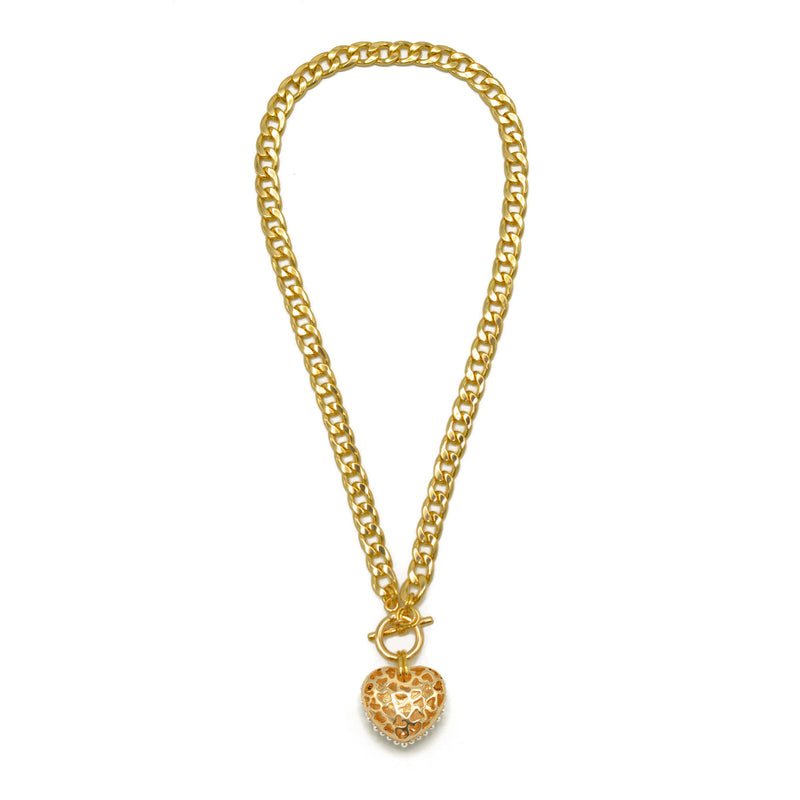 Cream Pearl Gold Heart Charm Pendant With cuban link Chain Necklace