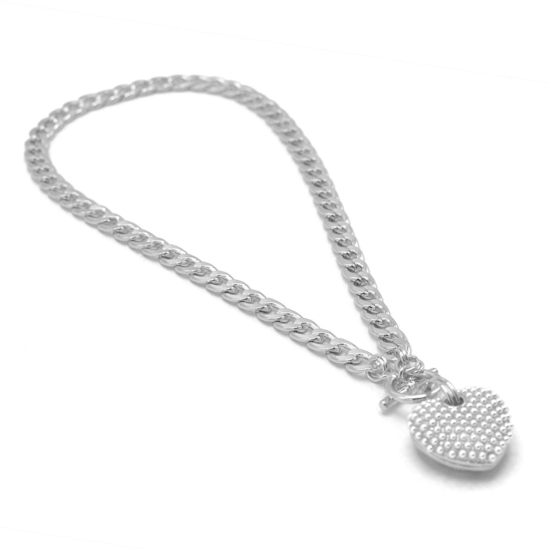 Cream Pearl Rhodium Heart Charm Pendant With cuban link Chain Necklace