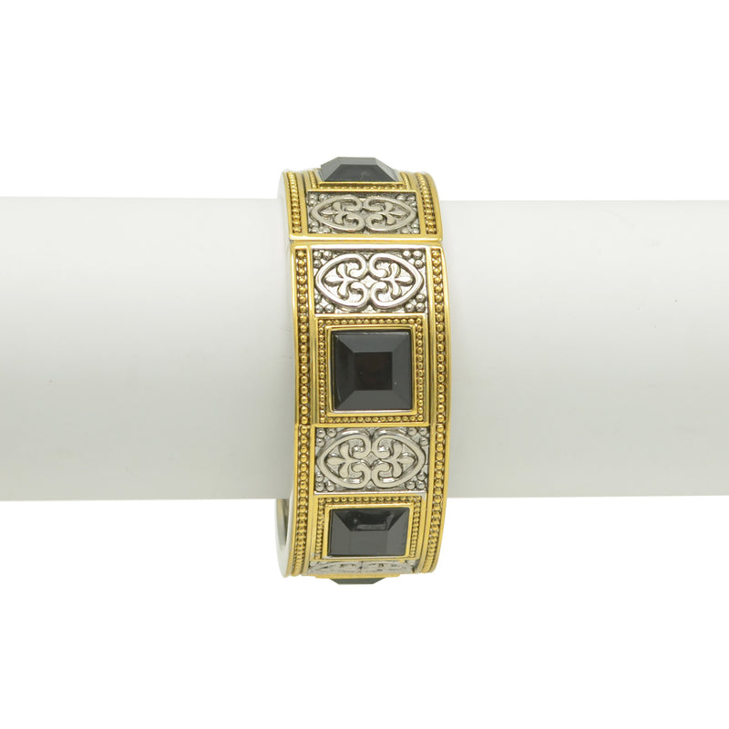 TWO-TONE SIVER AND GOLD OXIDIZED PALTED BLACK FACETED STONE HINGED BRACELET