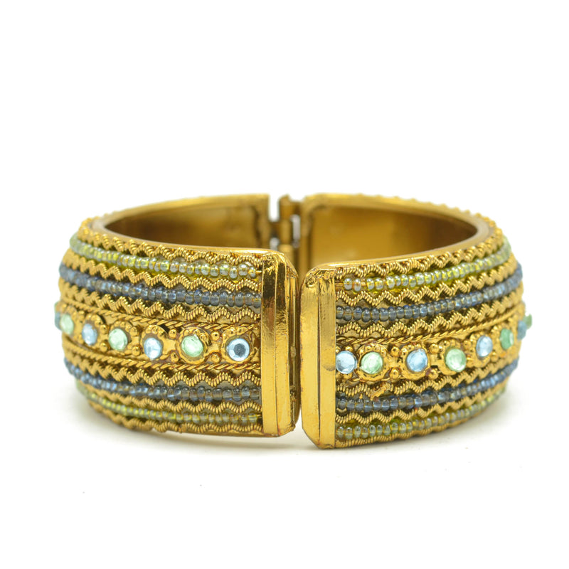 Blue and Green Rhinestone and Seed Beads Boho Style Hinged Bracelet