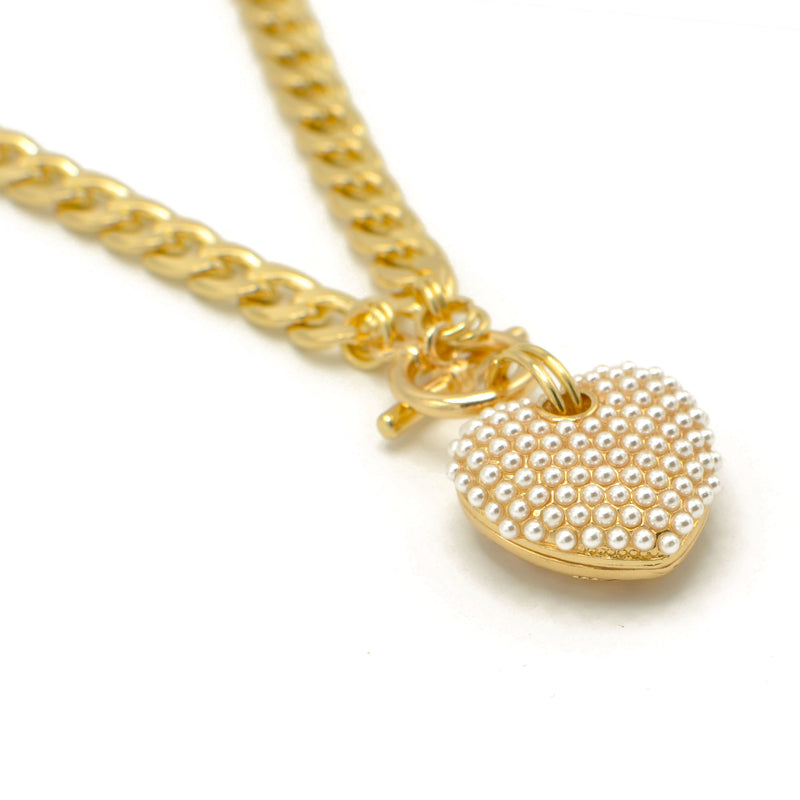 Cream Pearl Gold Heart Charm Pendant With cuban link Chain Necklace