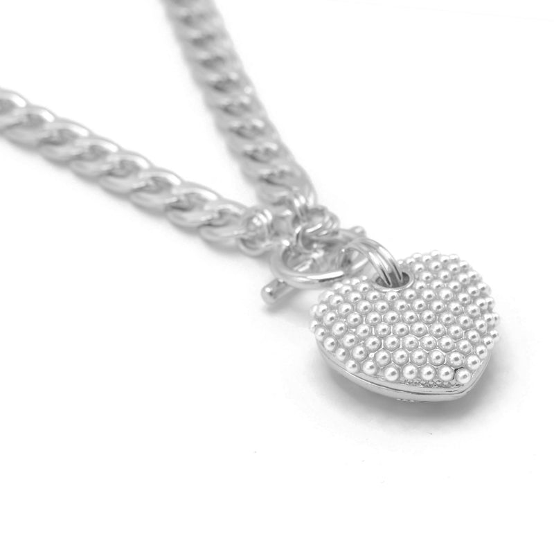 Cream Pearl Rhodium Heart Charm Pendant With cuban link Chain Necklace