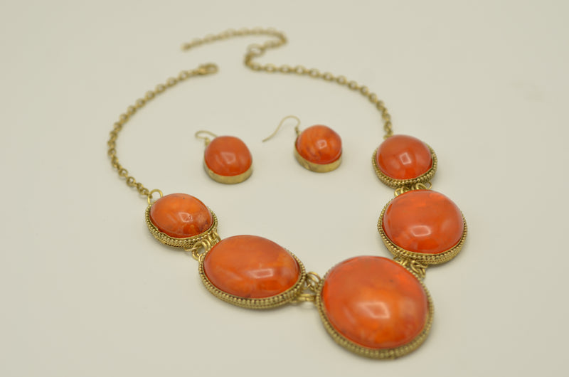 Orange Oval resin Stone Gold Disc Necklace and Earrings Set