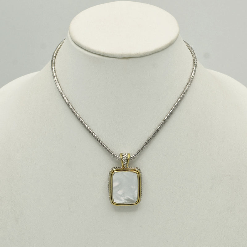 TWO TONE MOTHER OF PEARL ENGRAVED PENDANT SILVER CHAIN NECKLACE