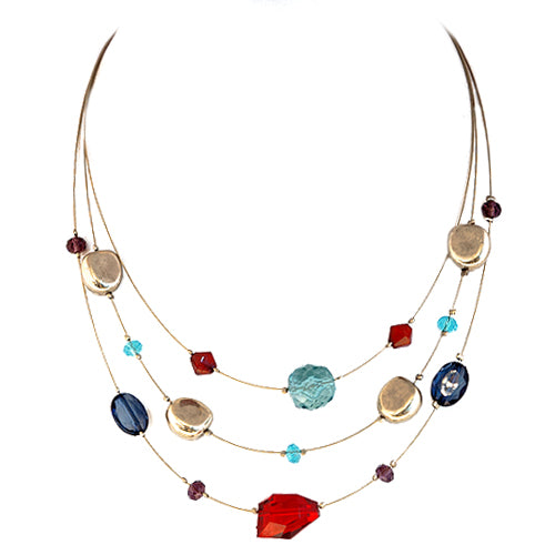 Multi Color Mixed Cut Beads Three-Strand Gold Illusion Necklace 