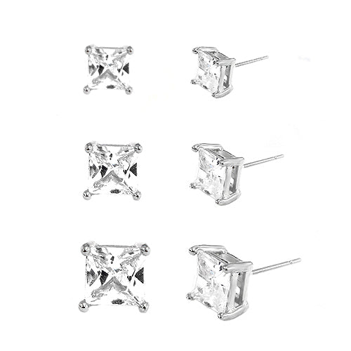 60mm, 70mm, 80mm  Simple Square Clear Glass Crystal Silver Earrings Set of 3pcs