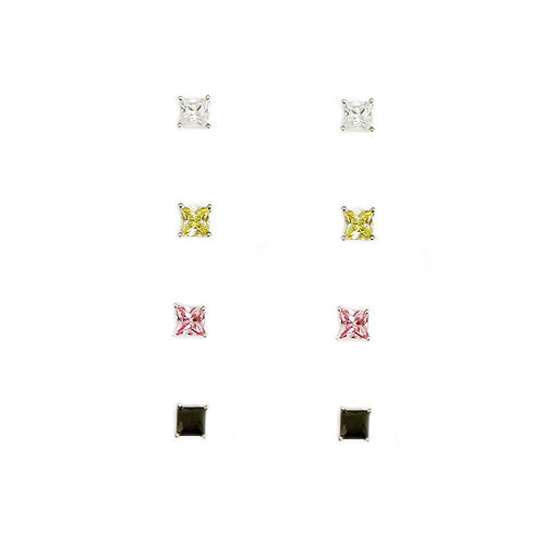 Clear Lime Pink Black Square Earrings Set of 4pcs