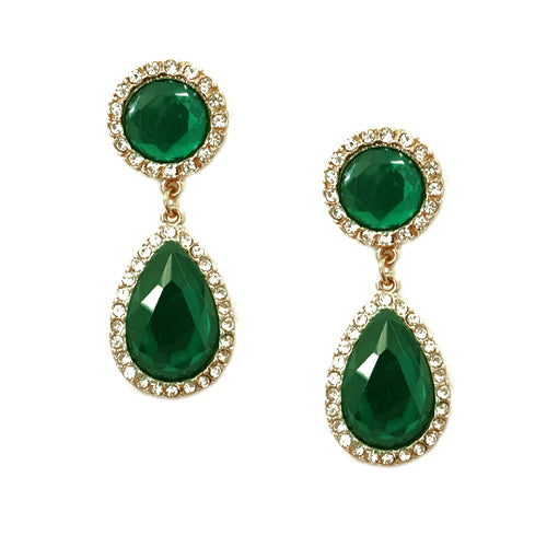 Luxurious Green Glass Crystal Teardrop Gold Dangle Earrings