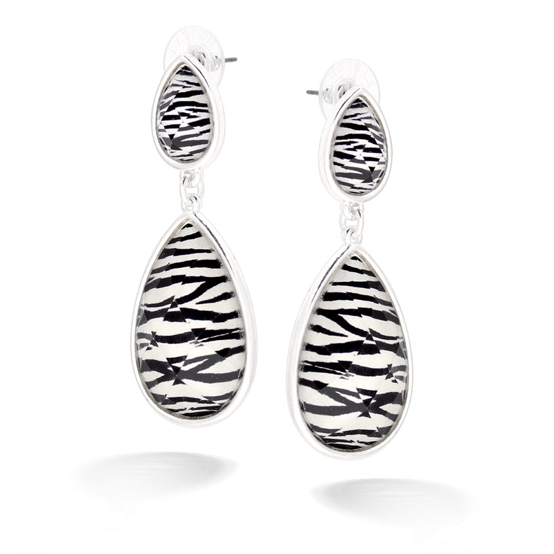 Silver-Tone Zebra Print Acrylic Tear Drop Earrings
