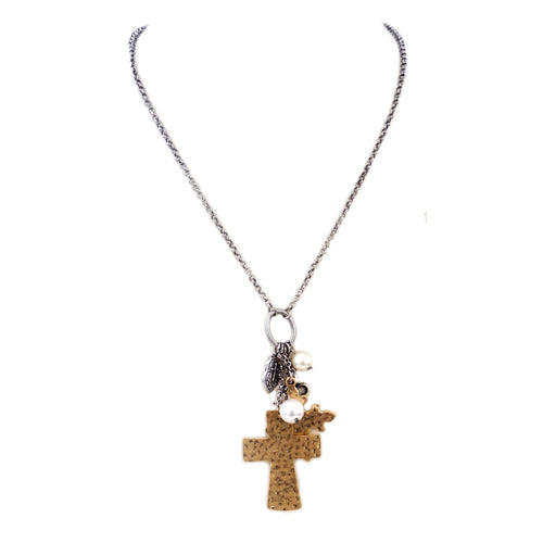 Gold hammered cross necklace with charms