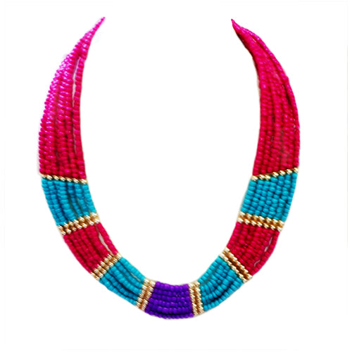 Fuschia, Turquoise and purple indian beaded bib necklace