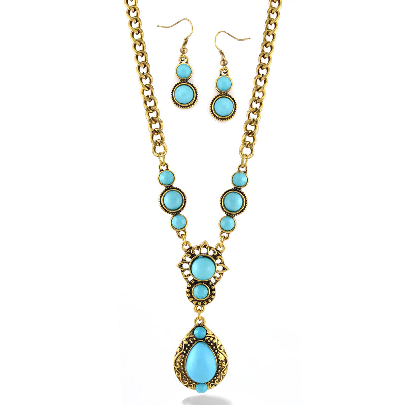 Gold-Tone Metal Turquoise Earrings And Adjustable Lobster Closure Necklaces Set