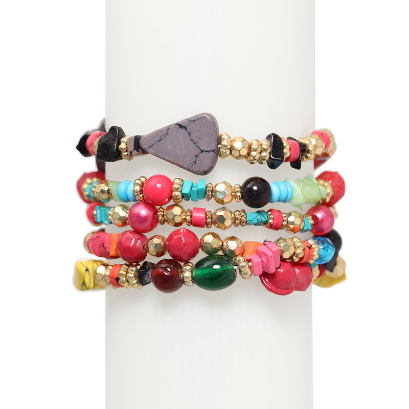 Gold Tone Metal And Multicolored Stretch Bracelets