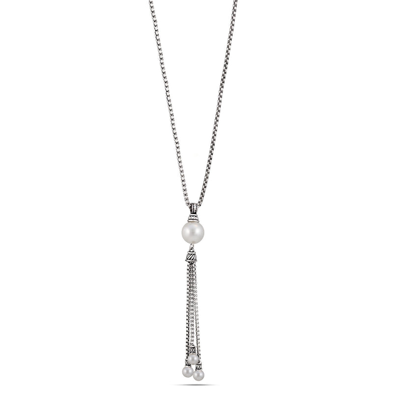 Silver-Tone Metal Crystal And Pearl Tassel  Adjustable Lobster Claw Closure Necklaces
