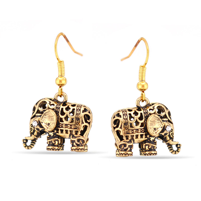 Gold-Tone Metal Filigree Elephant Drop Earrings