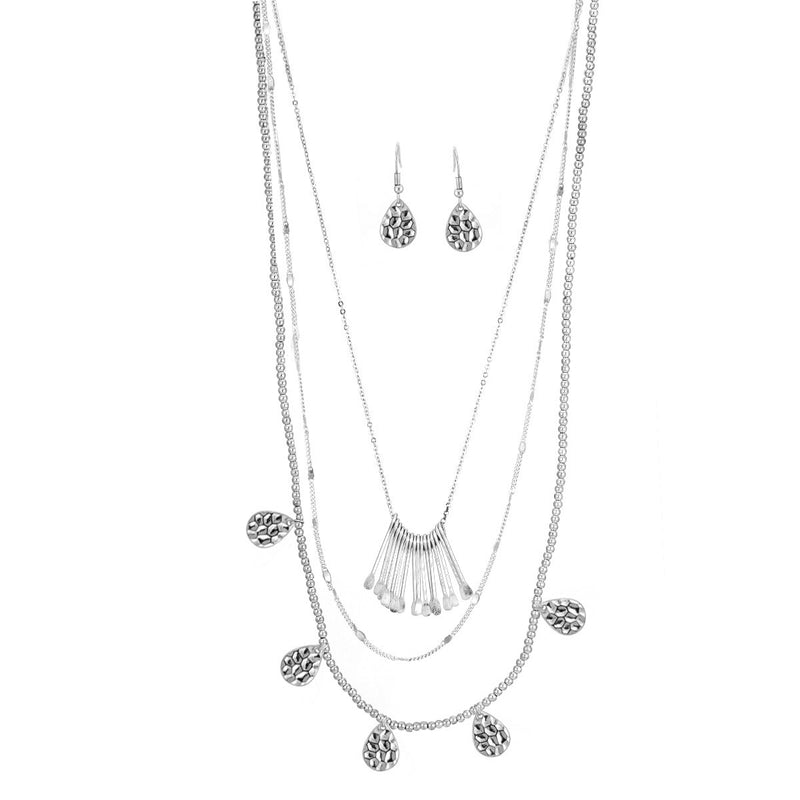 Rhodium-Tone Metal Earrings And Adjustable Lobster Claw Closure Layered Necklace