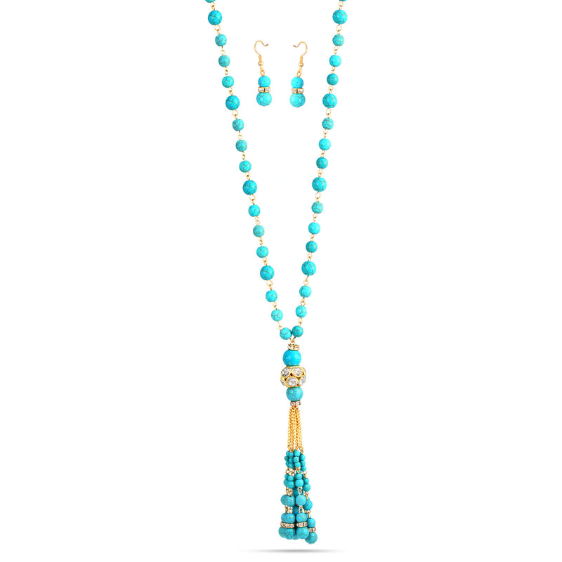 Gold-Tone Metal Turquoise And Crystal Earrings And Adjustable Lobster Closure Necklaces Set