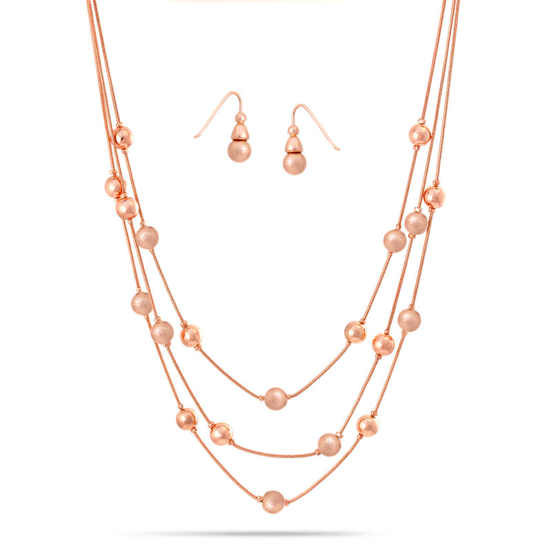 Rose Gold-Tone Metal Ball Earrings And Adjustable Lobster Claw Closure Layered Necklaes