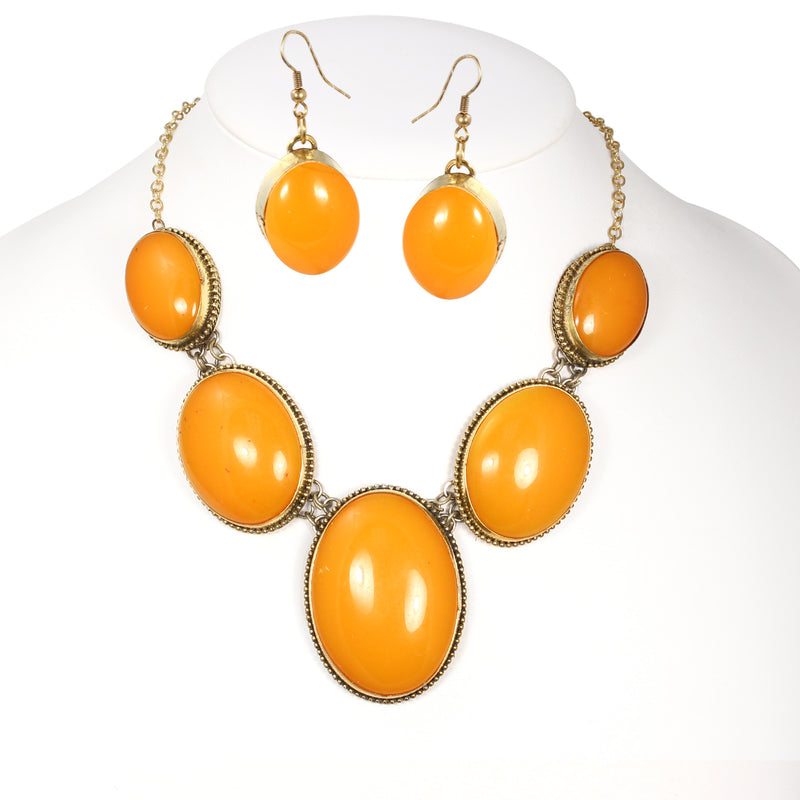 Orange Oval Stone Gold Disc Earrings And Adjustable Length Necklaces Set