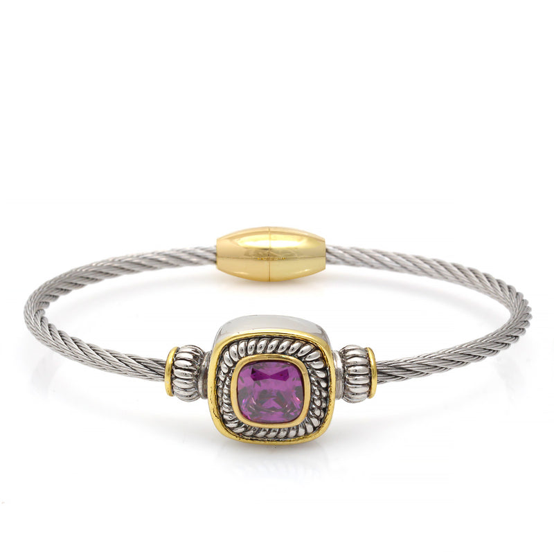 Two Tone Square Amethyst Crystal Twisted Rope Magnetic Clasp Bracelet